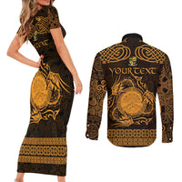 Personalized Brecknockshire Sir Frycheiniog Couples Matching Short Sleeve Bodycon Dress and Long Sleeve Button Shirt Gold Brecon Beacons Mountain Celtic-inspired - Wonder Print Shop