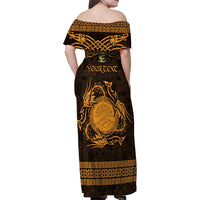 Personalized Brecknockshire Sir Frycheiniog Family Matching Off Shoulder Maxi Dress and Hawaiian Shirt Gold Brecon Beacons Mountain Celtic-inspired - Wonder Print Shop