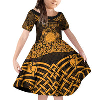 Personalized Brecknockshire Sir Frycheiniog Family Matching Off Shoulder Short Dress and Hawaiian Shirt Gold Brecon Beacons Mountain Celtic-inspired - Wonder Print Shop