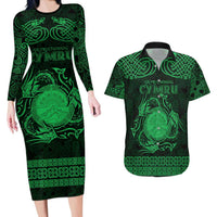 Personalized Brecknockshire Sir Frycheiniog Couples Matching Long Sleeve Bodycon Dress and Hawaiian Shirt Green Brecon Beacons Mountain Celtic-inspired - Wonder Print Shop