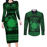 Personalized Brecknockshire Sir Frycheiniog Couples Matching Long Sleeve Bodycon Dress and Long Sleeve Button Shirt Green Brecon Beacons Mountain Celtic-inspired - Wonder Print Shop