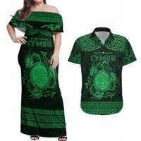 Personalized Brecknockshire Sir Frycheiniog Couples Matching Off Shoulder Maxi Dress and Hawaiian Shirt Green Brecon Beacons Mountain Celtic-inspired - Wonder Print Shop