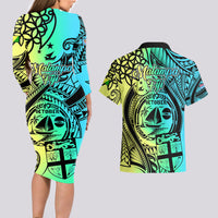 Malampa Fiji Day Couples Matching Long Sleeve Bodycon Dress and Hawaiian Shirt Vanuatu Sand Drawing With Polynesian Pattern LT9 - Wonder Print Shop