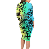 Malampa Fiji Day Long Sleeve Bodycon Dress Vanuatu Sand Drawing With Polynesian Pattern - Wonder Print Shop