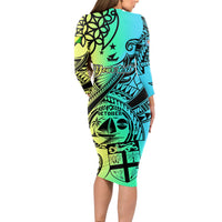 Personalised Malampa Fiji Day Long Sleeve Bodycon Dress Vanuatu Sand Drawing With Polynesian Pattern - Wonder Print Shop