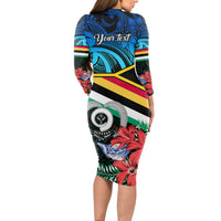 Personalised Torba Vanuatu Long Sleeve Bodycon Dress Sand Drawing With Polynesian Pattern - Wonder Print Shop
