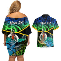 Personalised Malampa Day Couples Matching Off Shoulder Short Dress and Hawaiian Shirt Vanuatu Flowers with Malampa Emblem Tribal Pattern LT9 - Wonder Print Shop