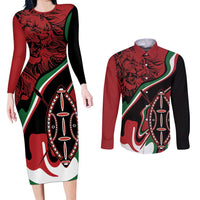 Happy Jamhuri Day Kenya Couples Matching Long Sleeve Bodycon Dress and Long Sleeve Button Shirt Kenyan Lion and Maasai Shield LT9 - Wonder Print Shop