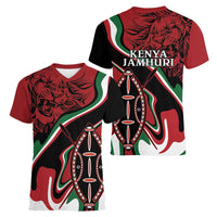 Happy Jamhuri Day Kenya Women V-Neck T-Shirt Kenyan Lion and Maasai Shield - Wonder Print Shop