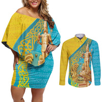 Issyk Mystery Kazakhstan Golden Man Couples Matching Off Shoulder Short Dress and Long Sleeve Button Shirt LT9 - Wonder Print Shop