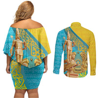 Issyk Mystery Kazakhstan Golden Man Couples Matching Off Shoulder Short Dress and Long Sleeve Button Shirt LT9 - Wonder Print Shop