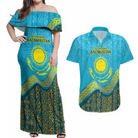 Kazakhstan Independence Day Personalized Couples Matching Off Shoulder Maxi Dress and Hawaiian Shirt 16 December with Kazakh Pattern LT9 - Wonder Print Shop