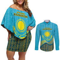 Kazakhstan Independence Day Personalized Couples Matching Off Shoulder Short Dress and Long Sleeve Button Shirt 16 December with Kazakh Pattern LT9 - Wonder Print Shop