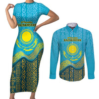 Kazakhstan Independence Day Personalized Couples Matching Short Sleeve Bodycon Dress and Long Sleeve Button Shirt 16 December with Kazakh Pattern LT9 - Wonder Print Shop