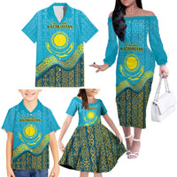 Kazakhstan Independence Day Personalized Family Matching Off The Shoulder Long Sleeve Dress and Hawaiian Shirt 16 December with Kazakh Pattern - Wonder Print Shop