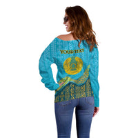 Kazakhstan Independence Day Personalized Off Shoulder Sweater 16 December with Kazakh Pattern - Wonder Print Shop