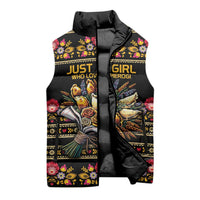 Gold Pierogi Flowers Over Dumplings Sleeveless Puffer Jacket