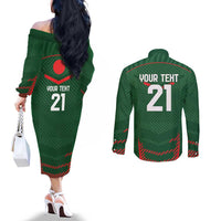 Custom Bangladesh Cricket Couples Matching Off The Shoulder Long Sleeve Dress and Long Sleeve Button Shirt Go Tigers Sporty Version