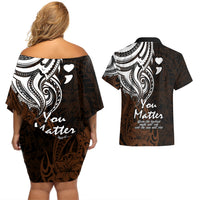 Your Matter Suicide Prevention Couples Matching Off Shoulder Short Dress and Hawaiian Shirt Gold Polynesian Tribal LT9 - Wonder Print Shop