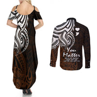 Your Matter Suicide Prevention Couples Matching Summer Maxi Dress and Long Sleeve Button Shirts Gold Polynesian Tribal LT9 - Wonder Print Shop