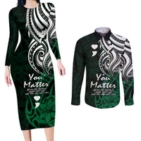 Your Matter Suicide Prevention Couples Matching Long Sleeve Bodycon Dress and Long Sleeve Button Shirts Green Polynesian Tribal LT9 - Wonder Print Shop