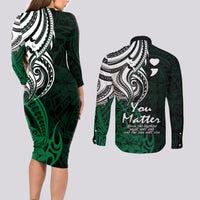 Your Matter Suicide Prevention Couples Matching Long Sleeve Bodycon Dress and Long Sleeve Button Shirts Green Polynesian Tribal LT9 - Wonder Print Shop