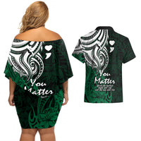 Your Matter Suicide Prevention Couples Matching Off Shoulder Short Dress and Hawaiian Shirt Green Polynesian Tribal LT9 - Wonder Print Shop