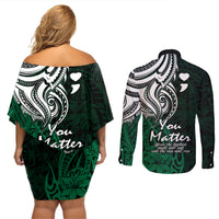 Your Matter Suicide Prevention Couples Matching Off Shoulder Short Dress and Long Sleeve Button Shirts Green Polynesian Tribal LT9 - Wonder Print Shop