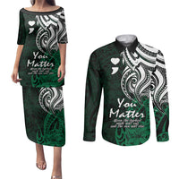 Your Matter Suicide Prevention Couples Matching Puletasi Dress and Long Sleeve Button Shirts Green Polynesian Tribal LT9 - Wonder Print Shop