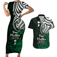 Your Matter Suicide Prevention Couples Matching Short Sleeve Bodycon Dress and Hawaiian Shirt Green Polynesian Tribal LT9 - Wonder Print Shop