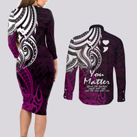 Your Matter Suicide Prevention Couples Matching Long Sleeve Bodycon Dress and Long Sleeve Button Shirts Pink Polynesian Tribal LT9 - Wonder Print Shop
