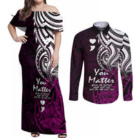 Your Matter Suicide Prevention Couples Matching Off Shoulder Maxi Dress and Long Sleeve Button Shirts Pink Polynesian Tribal LT9 - Wonder Print Shop
