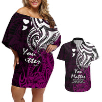 Your Matter Suicide Prevention Couples Matching Off Shoulder Short Dress and Hawaiian Shirt Pink Polynesian Tribal LT9 - Wonder Print Shop