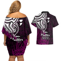 Your Matter Suicide Prevention Couples Matching Off Shoulder Short Dress and Hawaiian Shirt Pink Polynesian Tribal LT9 - Wonder Print Shop