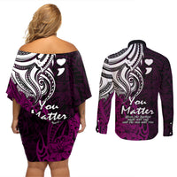 Your Matter Suicide Prevention Couples Matching Off Shoulder Short Dress and Long Sleeve Button Shirts Pink Polynesian Tribal LT9 - Wonder Print Shop