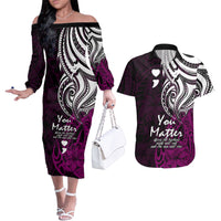 Your Matter Suicide Prevention Couples Matching Off The Shoulder Long Sleeve Dress and Hawaiian Shirt Pink Polynesian Tribal LT9 - Wonder Print Shop