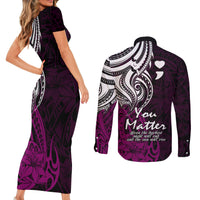 Your Matter Suicide Prevention Couples Matching Short Sleeve Bodycon Dress and Long Sleeve Button Shirts Pink Polynesian Tribal LT9 - Wonder Print Shop