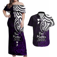 Your Matter Suicide Prevention Couples Matching Off Shoulder Maxi Dress and Hawaiian Shirt Purple Polynesian Tribal LT9 - Wonder Print Shop