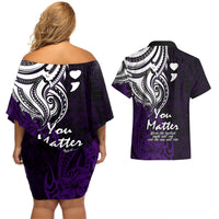 Your Matter Suicide Prevention Couples Matching Off Shoulder Short Dress and Hawaiian Shirt Purple Polynesian Tribal LT9 - Wonder Print Shop