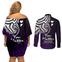 Your Matter Suicide Prevention Couples Matching Off Shoulder Short Dress and Long Sleeve Button Shirts Purple Polynesian Tribal LT9 - Wonder Print Shop