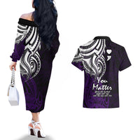 Your Matter Suicide Prevention Couples Matching Off The Shoulder Long Sleeve Dress and Hawaiian Shirt Purple Polynesian Tribal LT9 - Wonder Print Shop