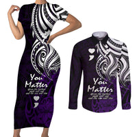Your Matter Suicide Prevention Couples Matching Short Sleeve Bodycon Dress and Long Sleeve Button Shirts Purple Polynesian Tribal LT9 - Wonder Print Shop