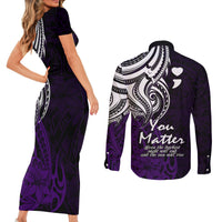 Your Matter Suicide Prevention Couples Matching Short Sleeve Bodycon Dress and Long Sleeve Button Shirts Purple Polynesian Tribal LT9 - Wonder Print Shop