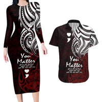 Your Matter Suicide Prevention Couples Matching Long Sleeve Bodycon Dress and Hawaiian Shirt Red Polynesian Tribal LT9 - Wonder Print Shop
