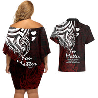 Your Matter Suicide Prevention Couples Matching Off Shoulder Short Dress and Hawaiian Shirt Red Polynesian Tribal LT9 - Wonder Print Shop