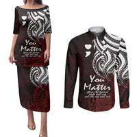 Your Matter Suicide Prevention Couples Matching Puletasi Dress and Long Sleeve Button Shirts Red Polynesian Tribal LT9 - Wonder Print Shop