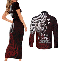 Your Matter Suicide Prevention Couples Matching Short Sleeve Bodycon Dress and Long Sleeve Button Shirts Red Polynesian Tribal LT9 - Wonder Print Shop