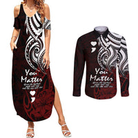 Your Matter Suicide Prevention Couples Matching Summer Maxi Dress and Long Sleeve Button Shirts Red Polynesian Tribal LT9 - Wonder Print Shop