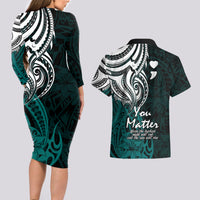 Your Matter Suicide Prevention Couples Matching Long Sleeve Bodycon Dress and Hawaiian Shirt Turqoise Polynesian Tribal LT9 - Wonder Print Shop