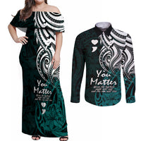 Your Matter Suicide Prevention Couples Matching Off Shoulder Maxi Dress and Long Sleeve Button Shirts Turqoise Polynesian Tribal LT9 - Wonder Print Shop
